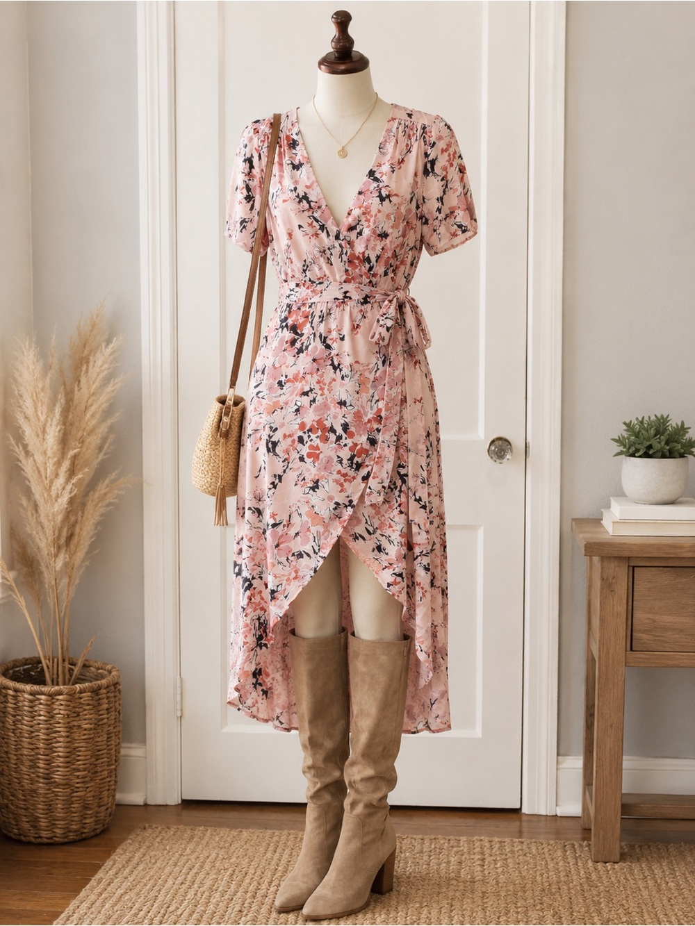 Floral Pink High-Low Wrap Dress with Self-Tie Waist